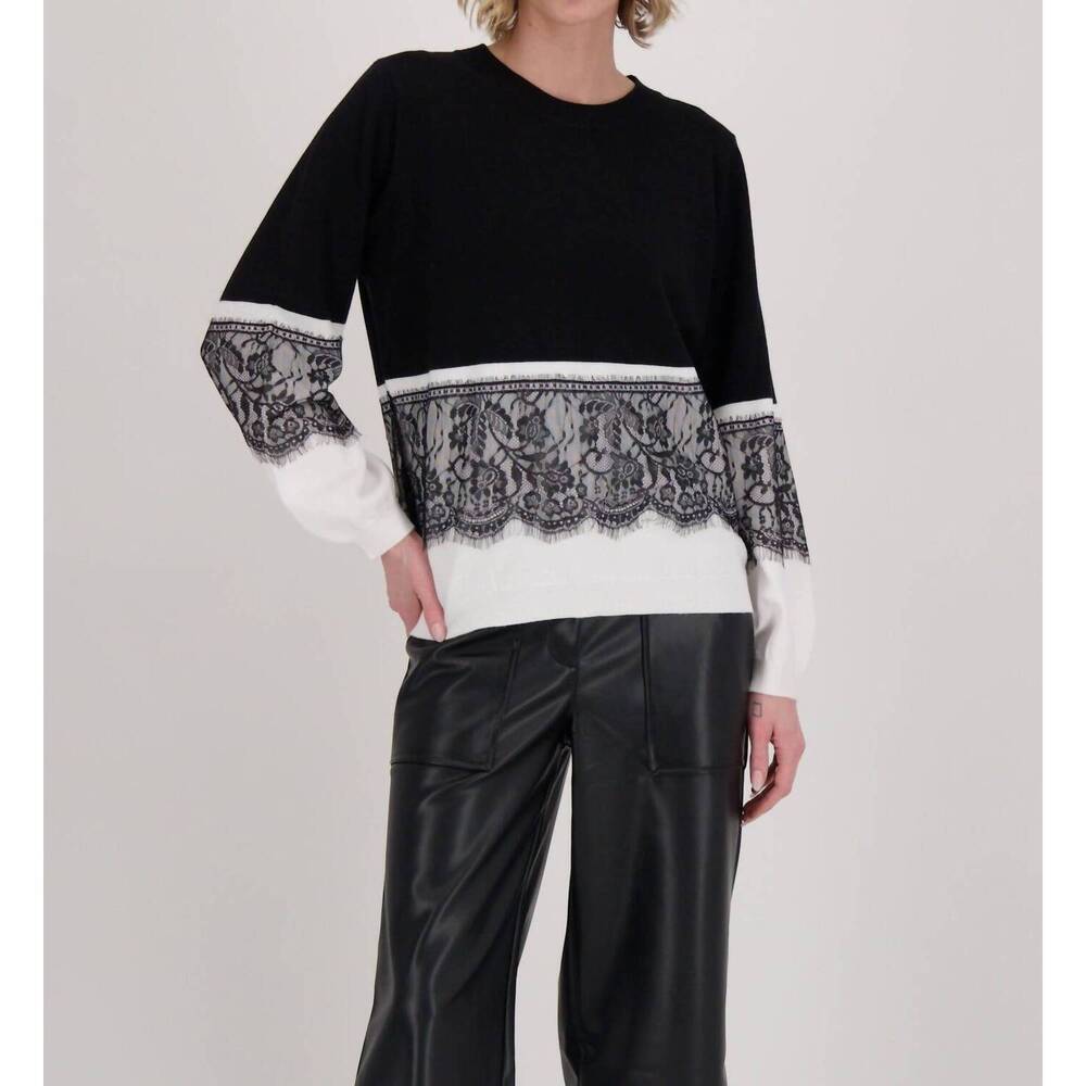 NEW GABBY ISABELLA contrast lace panel sweater top in black and white